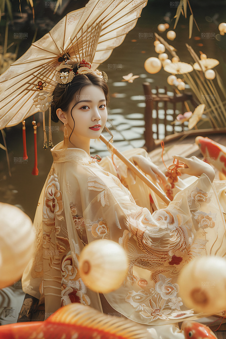 锦鲤汉服美女优雅吉祥素材