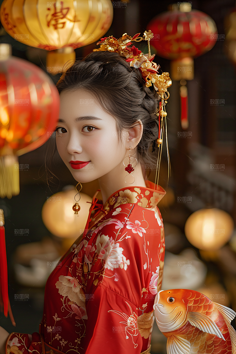 锦鲤汉服美女传统中国风素材