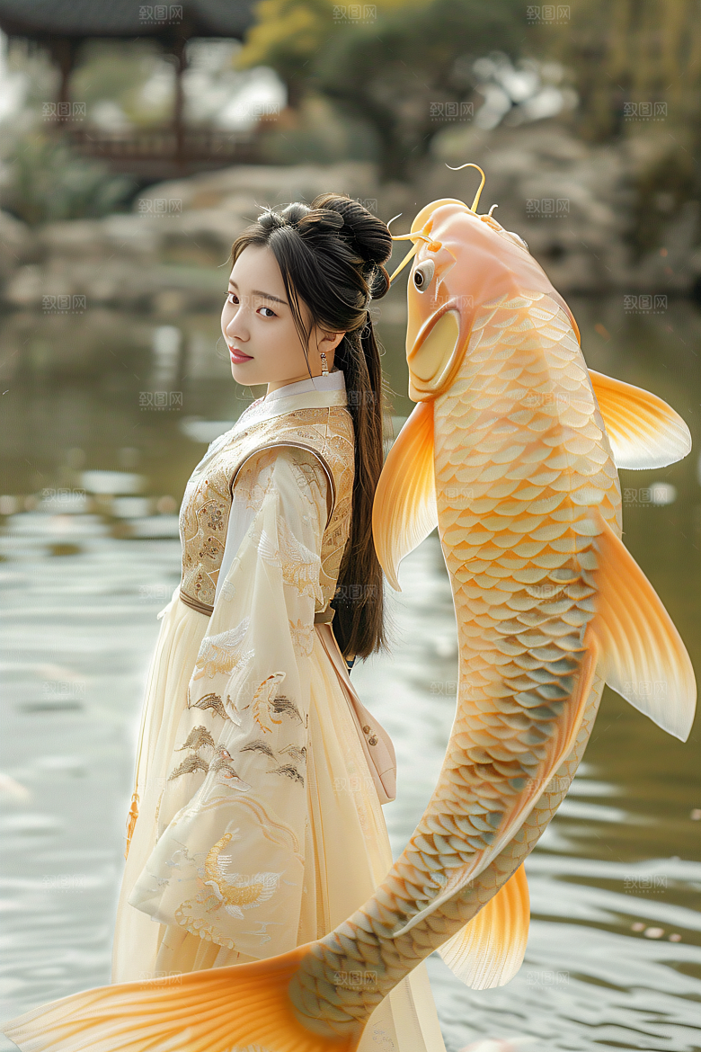 锦鲤汉服美女吉祥肖像素材