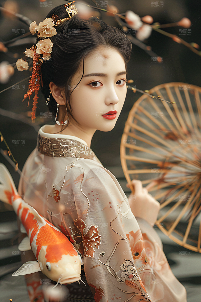 锦鲤汉服美女优雅中国风素材
