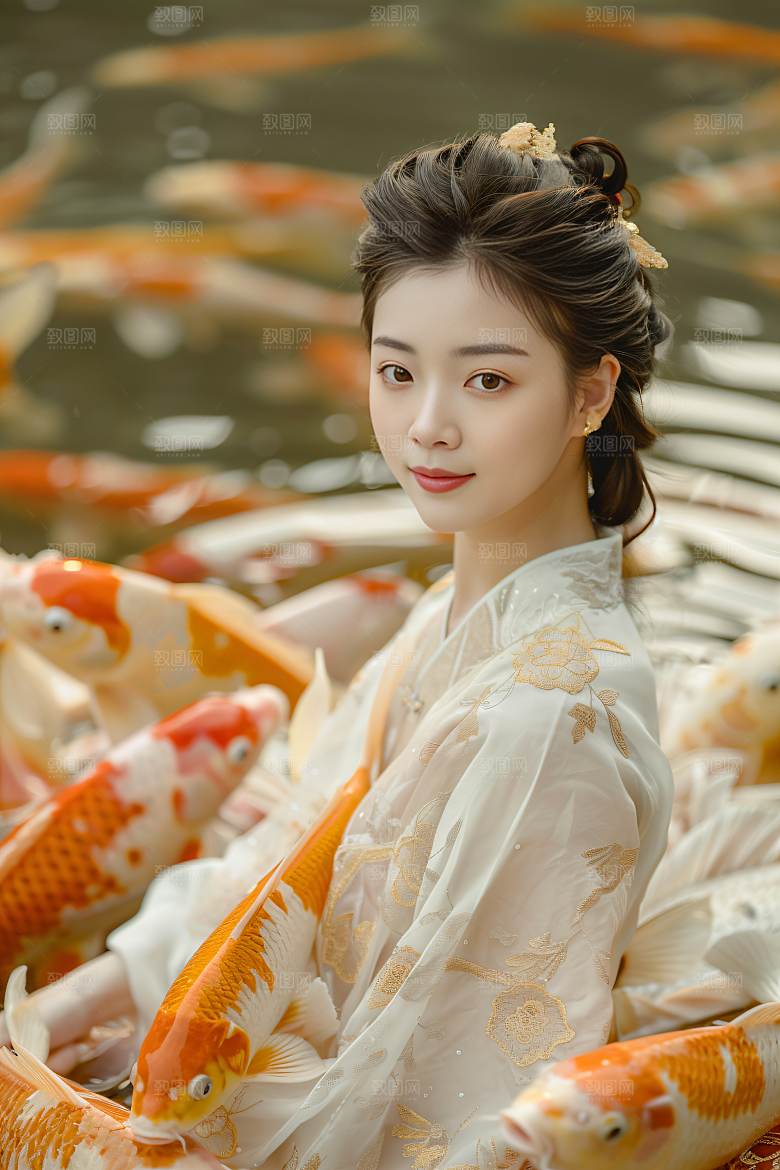 锦鲤汉服美女优雅唯美素材