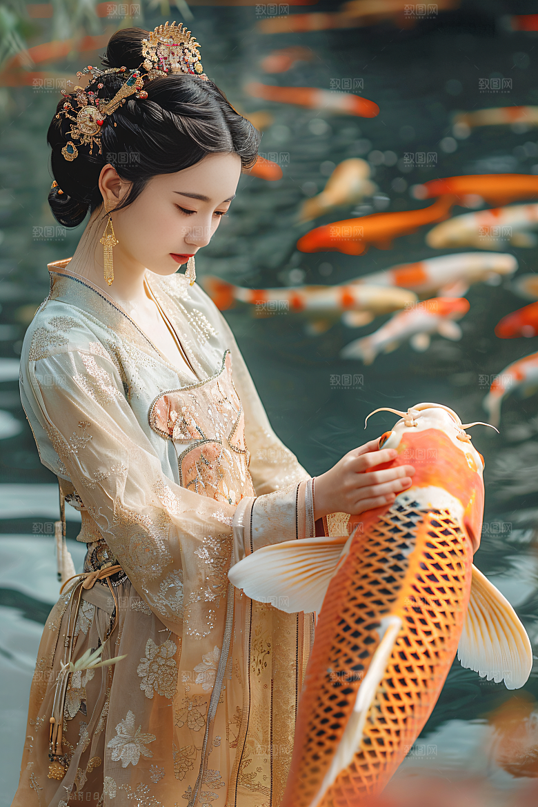 锦鲤汉服美女精致唯美素材