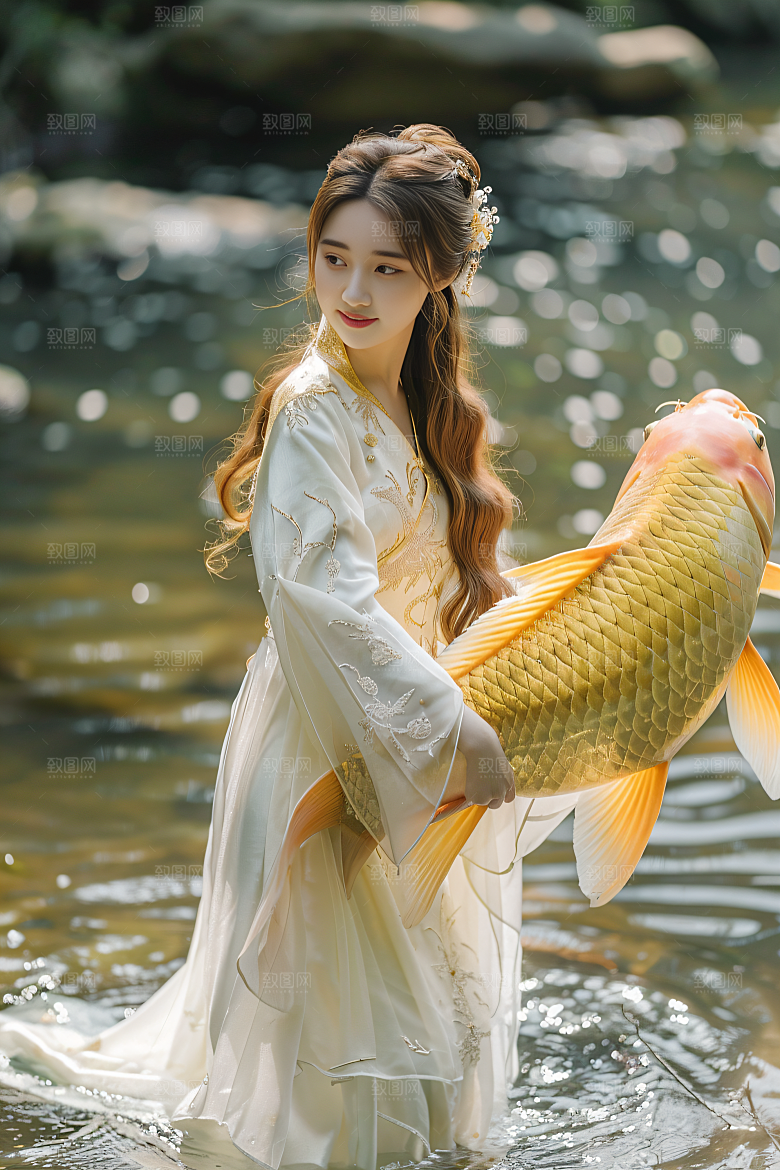 锦鲤汉服美女吉祥肖像素材