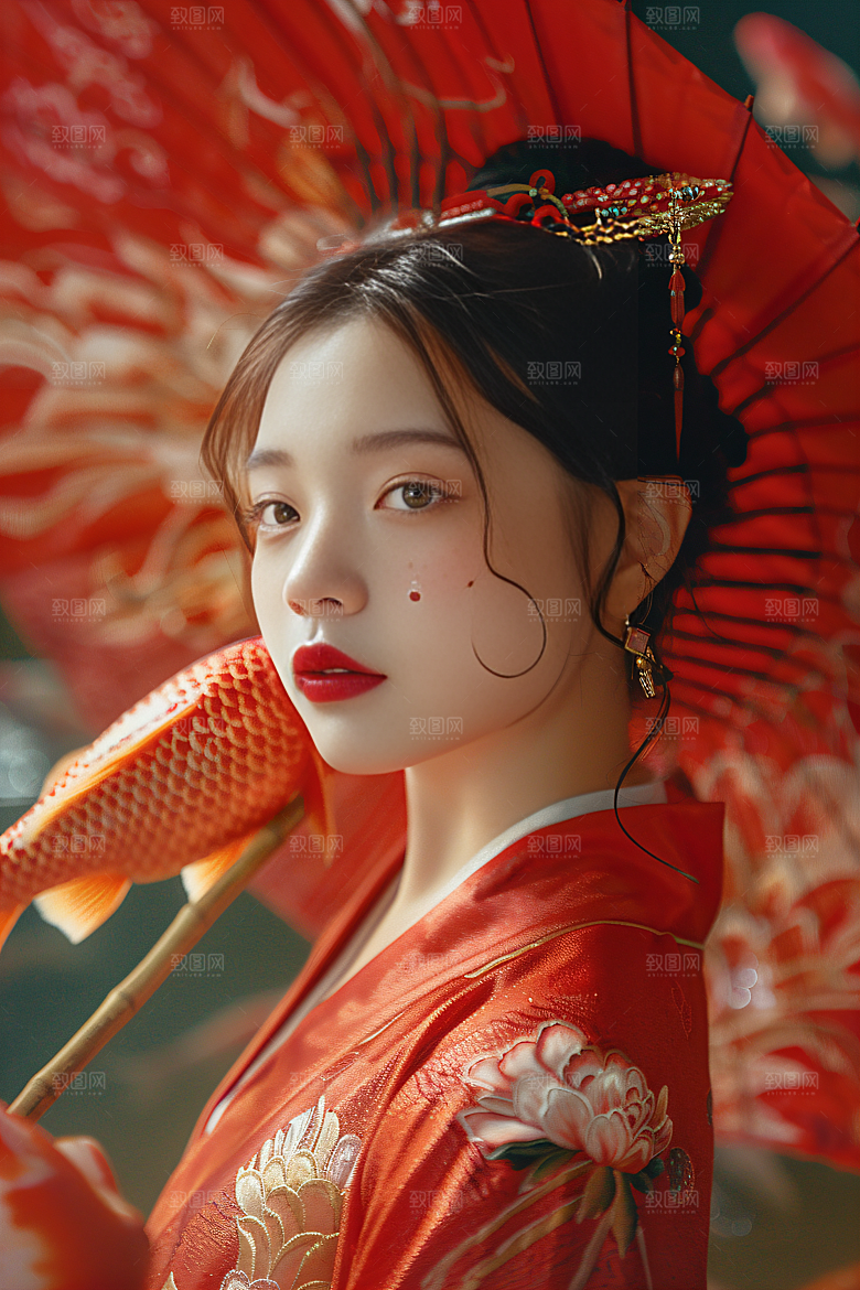 锦鲤汉服美女优雅吉祥素材