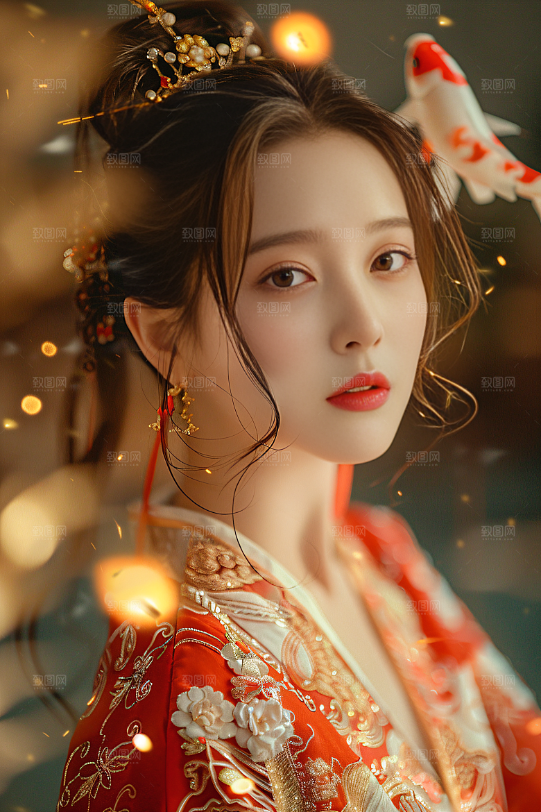 锦鲤汉服美女吉祥优雅素材