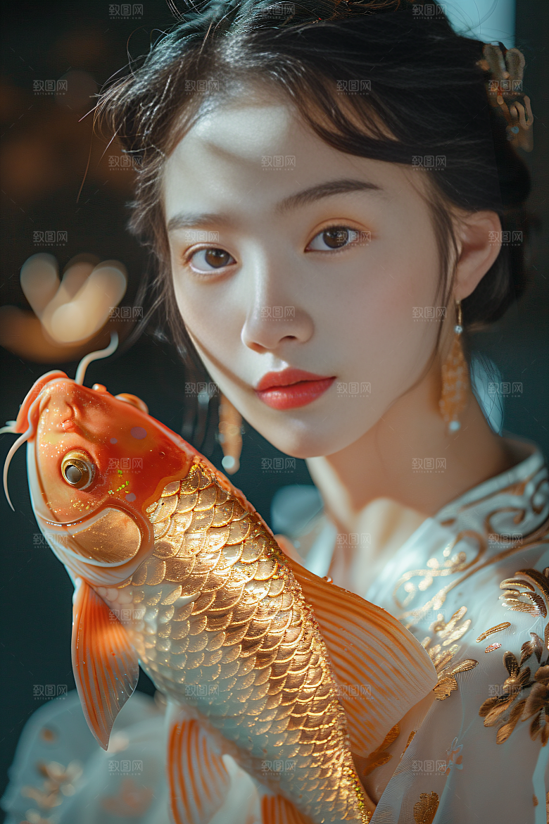 锦鲤汉服美女高清肖像素材