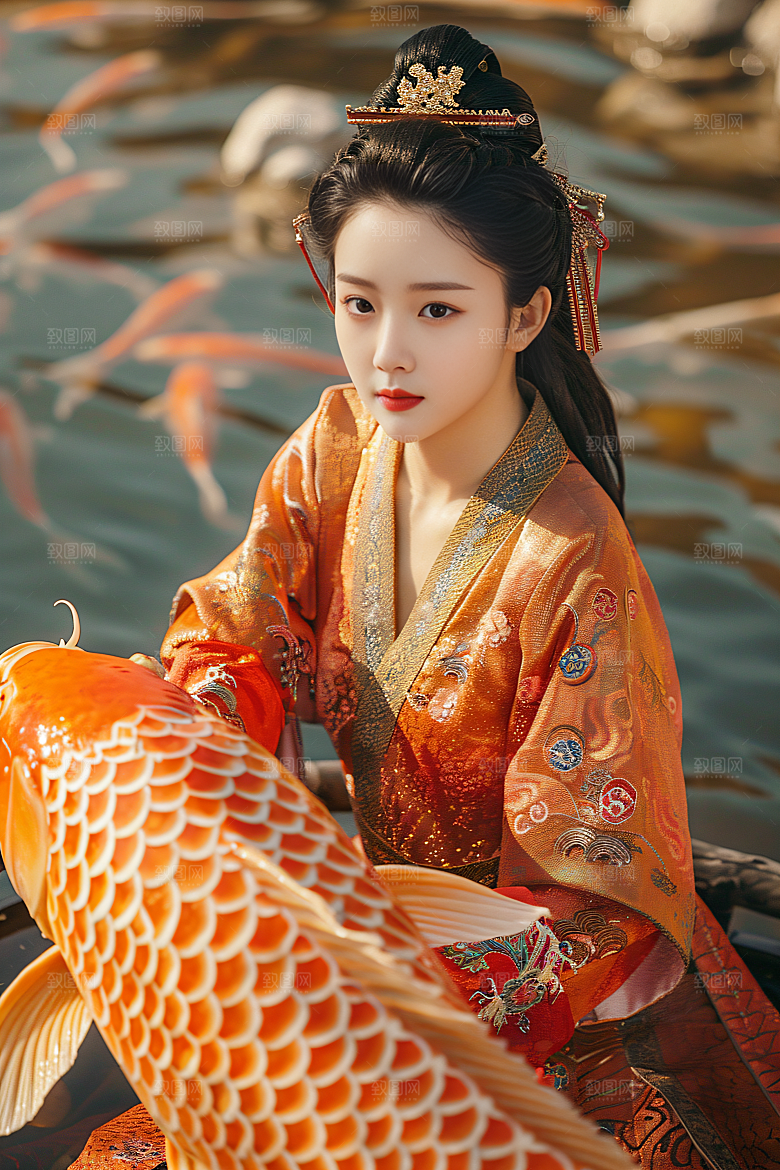 锦鲤汉服美女吉祥肖像素材
