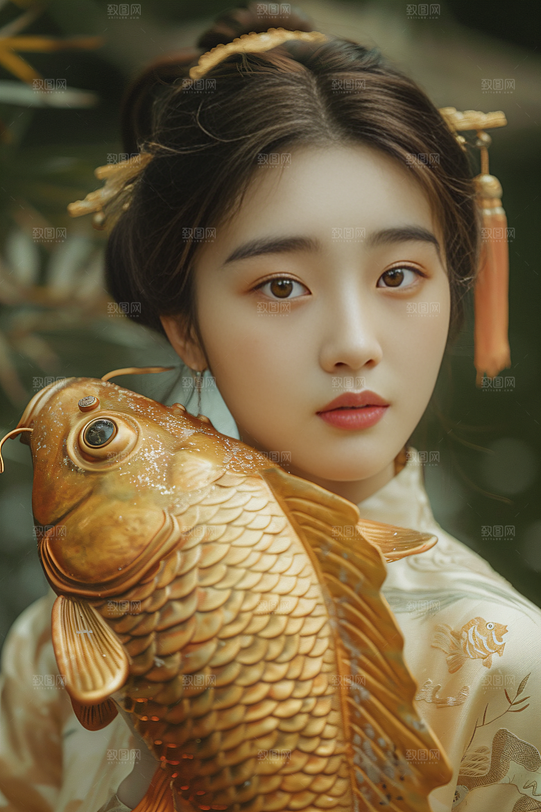 锦鲤汉服美女人像优雅素材