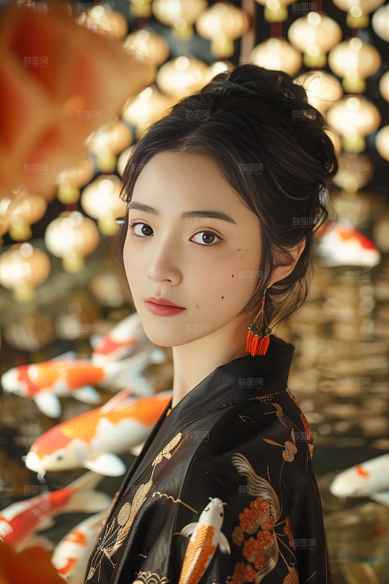 锦鲤汉服美女唯美肖像素材