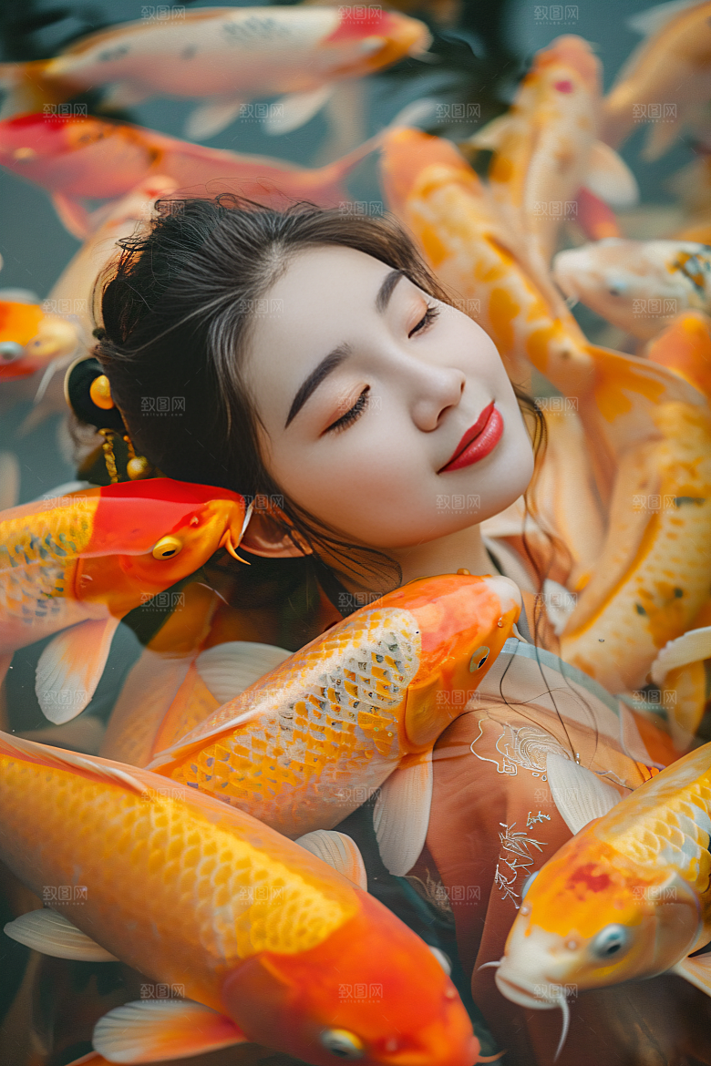 锦鲤汉服美女精致人像素材