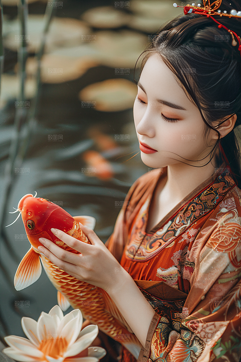 锦鲤汉服美女古风人像素材