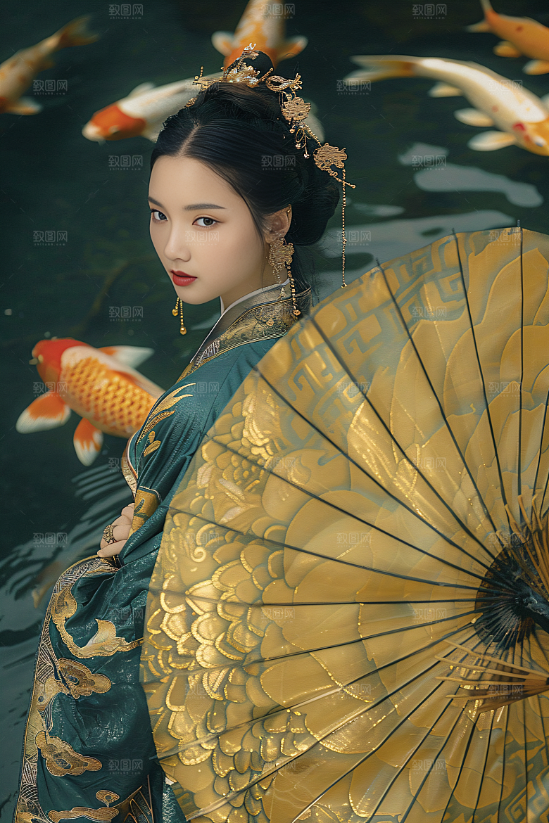 锦鲤汉服美女金鱼优雅素材
