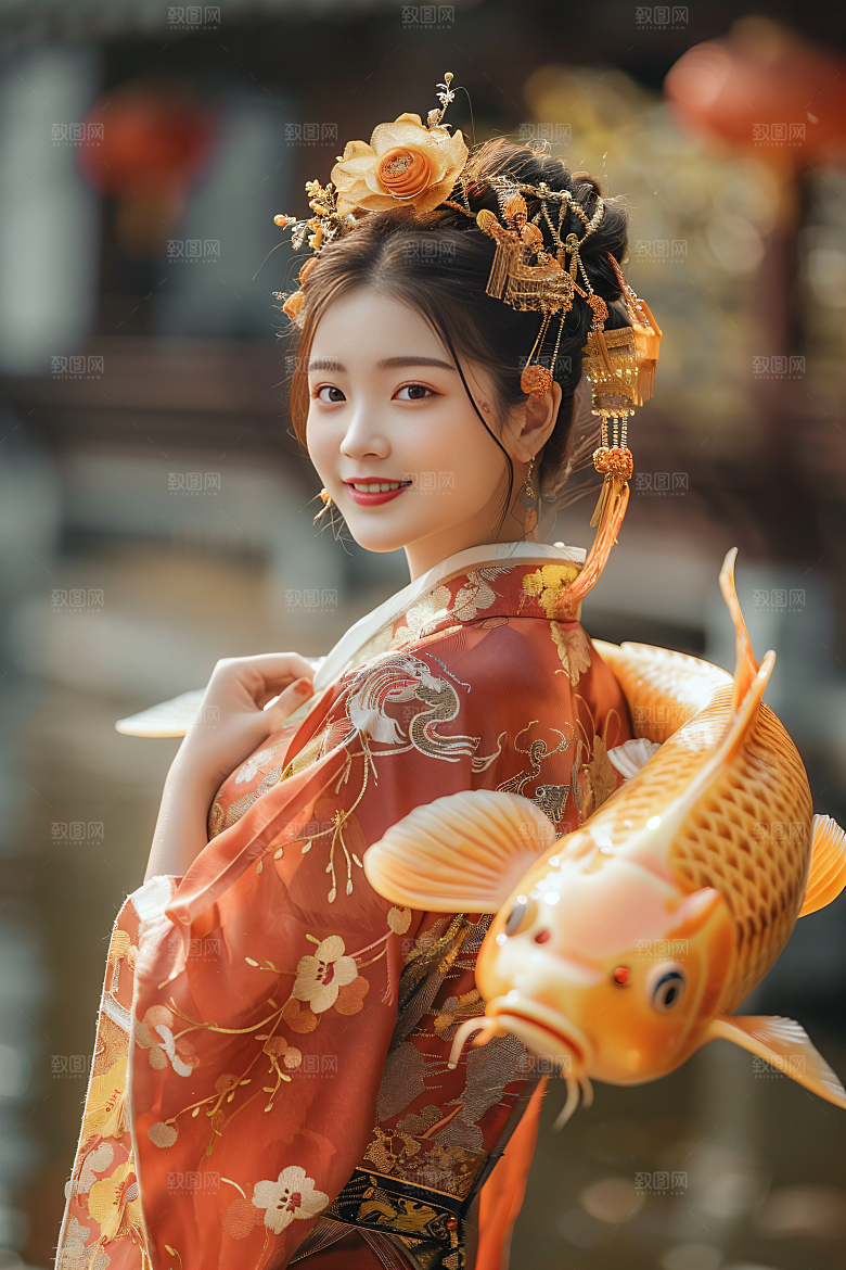 锦鲤汉服美女古风唯美素材