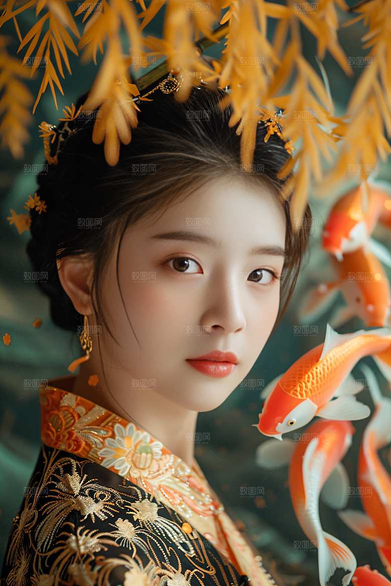 锦鲤汉服美女精致古风素材