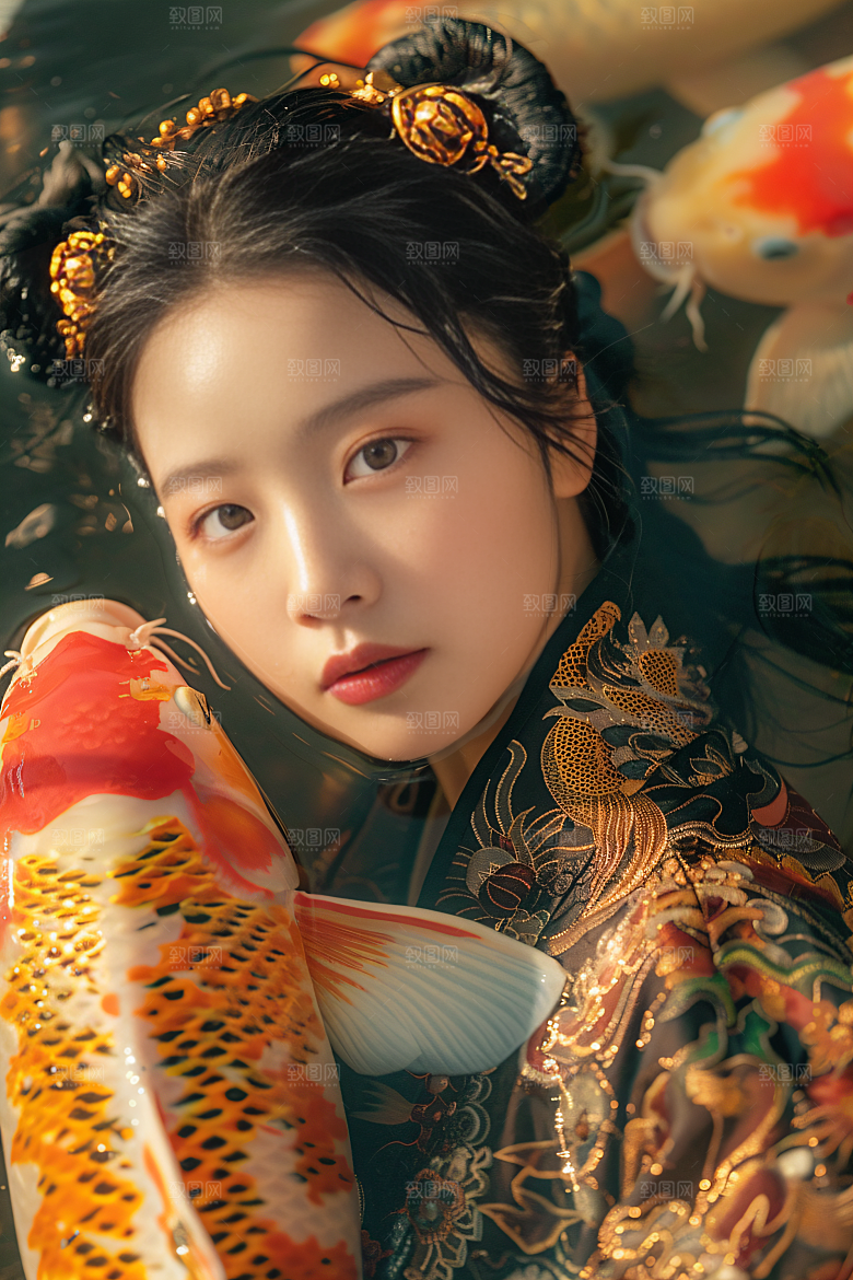 锦鲤汉服美女中国风精致素材
