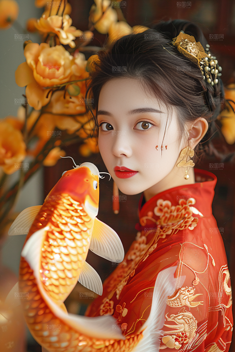锦鲤汉服美女肖像金鱼素材
