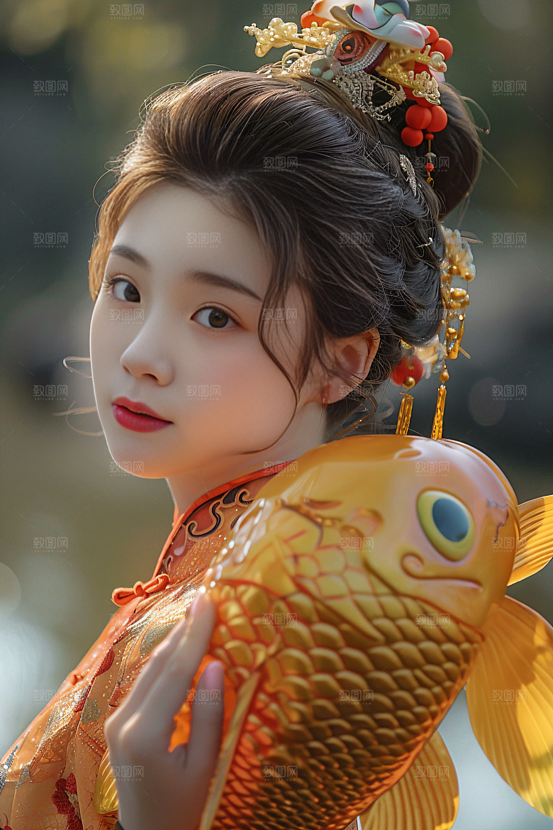 锦鲤汉服美女高清唯美素材