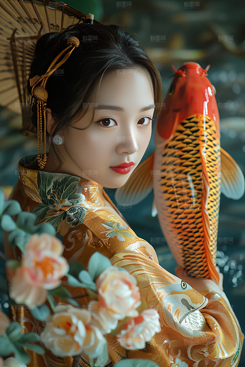 锦鲤汉服美女人像金鱼素材
