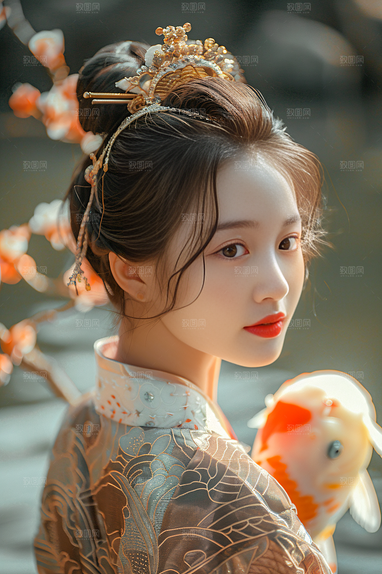 锦鲤汉服美女精致唯美素材