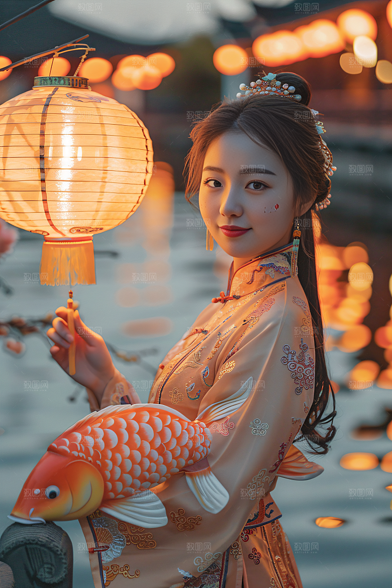锦鲤汉服美女传统肖像素材