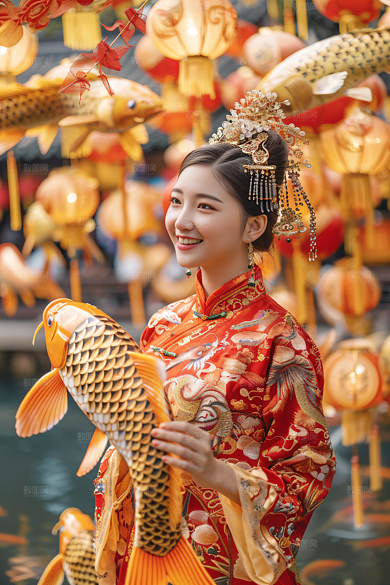 锦鲤汉服美女肖像优雅素材