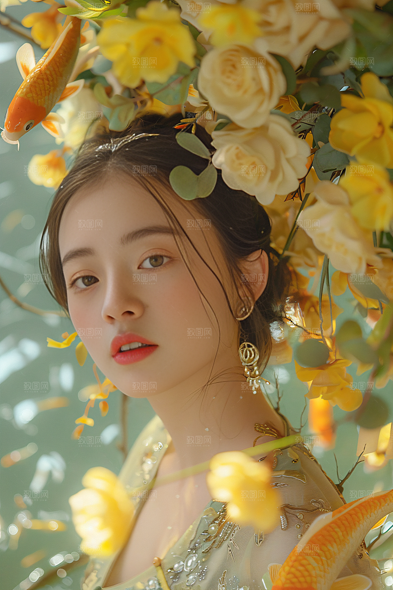 锦鲤汉服美女优雅中国风素材
