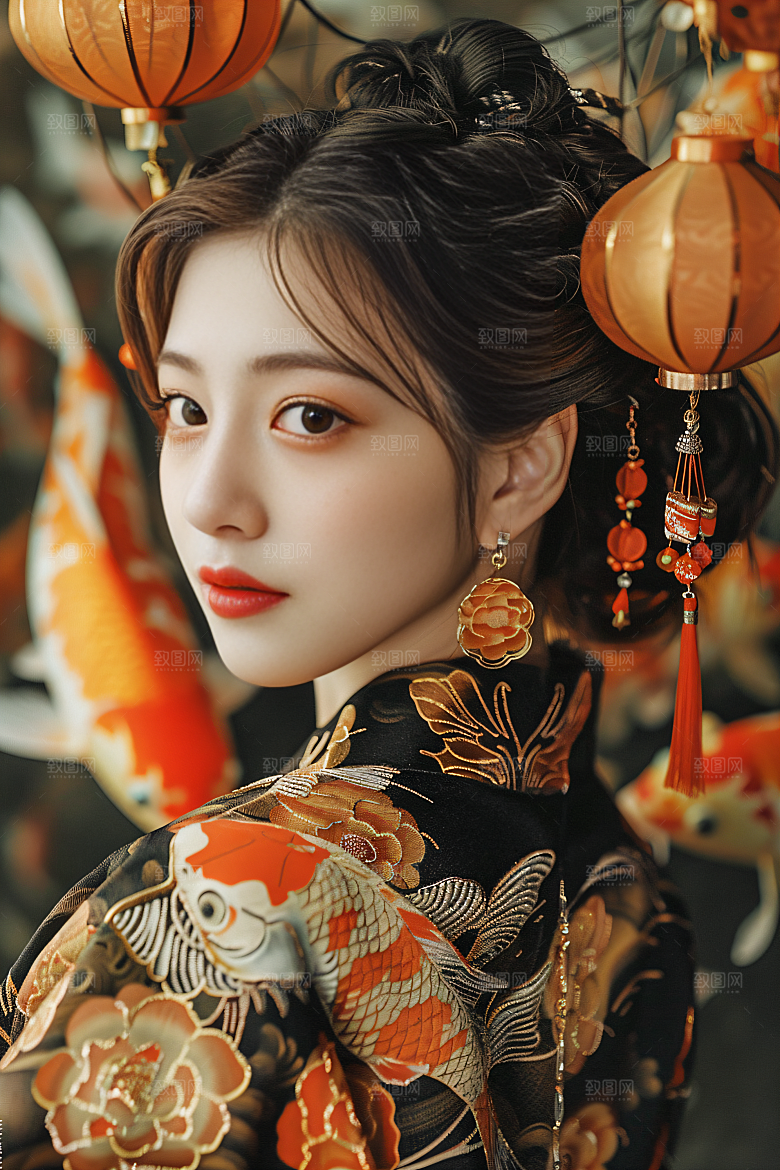 锦鲤汉服美女古风中国风素材