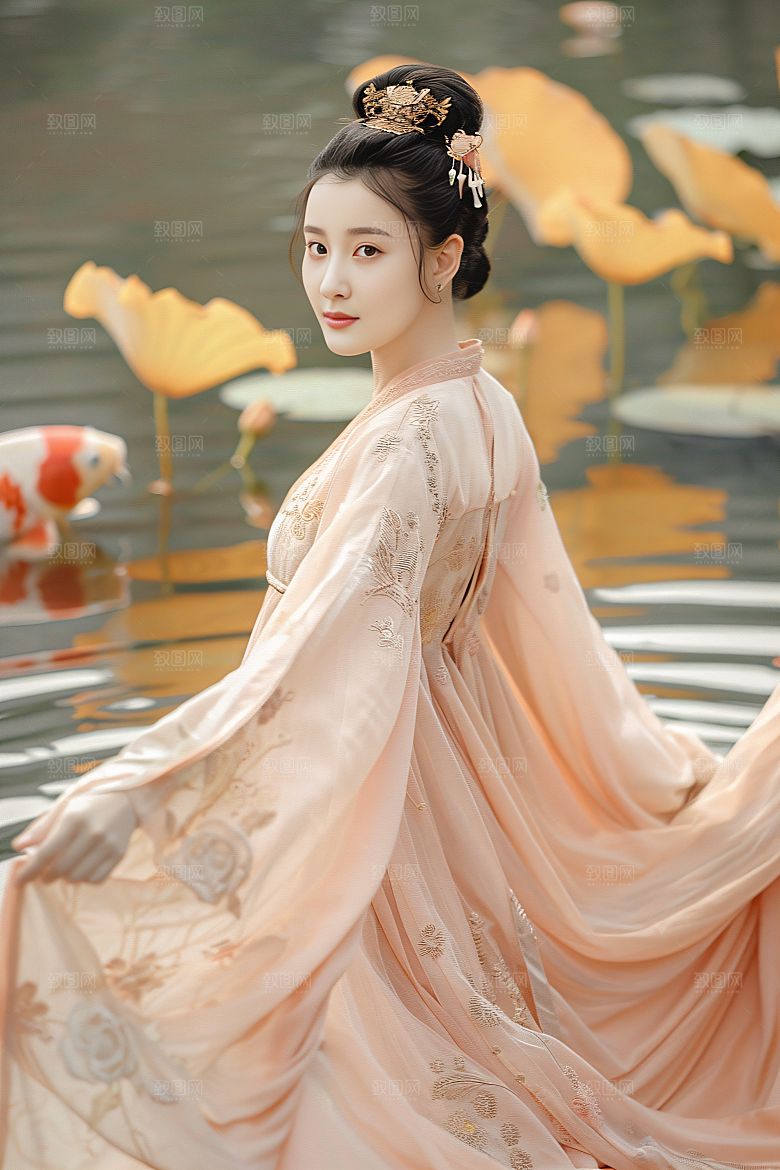 锦鲤汉服美女精致古风素材