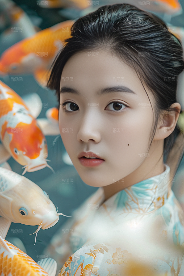 锦鲤汉服美女传统古风素材