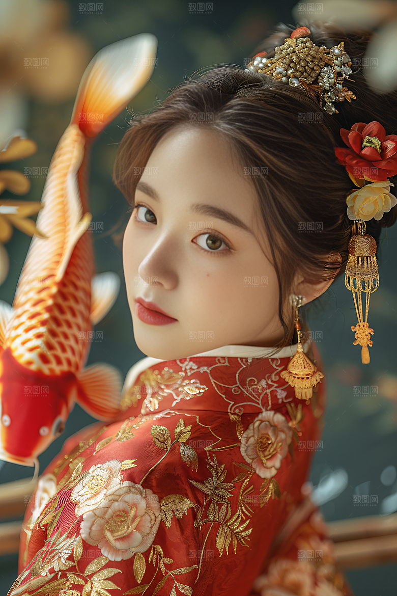锦鲤汉服美女肖像吉祥素材