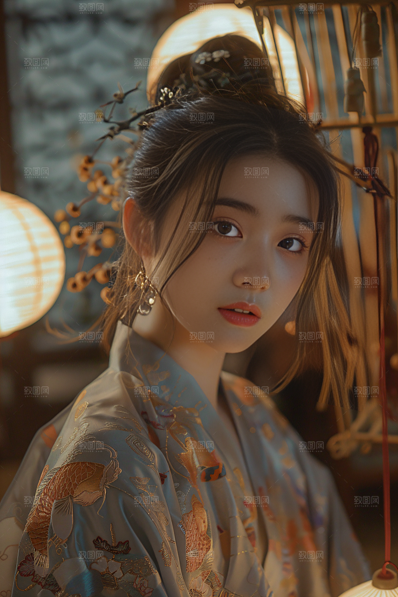 锦鲤汉服美女精致吉祥素材