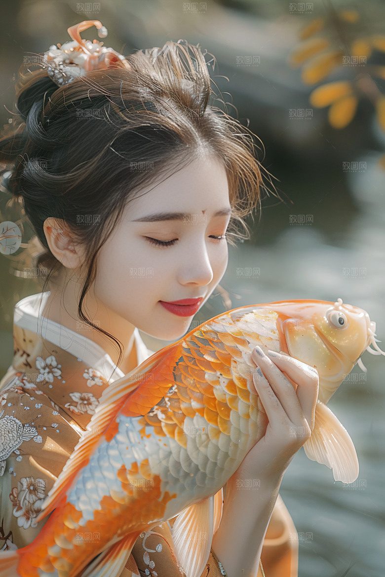 锦鲤汉服美女中国风优雅素材