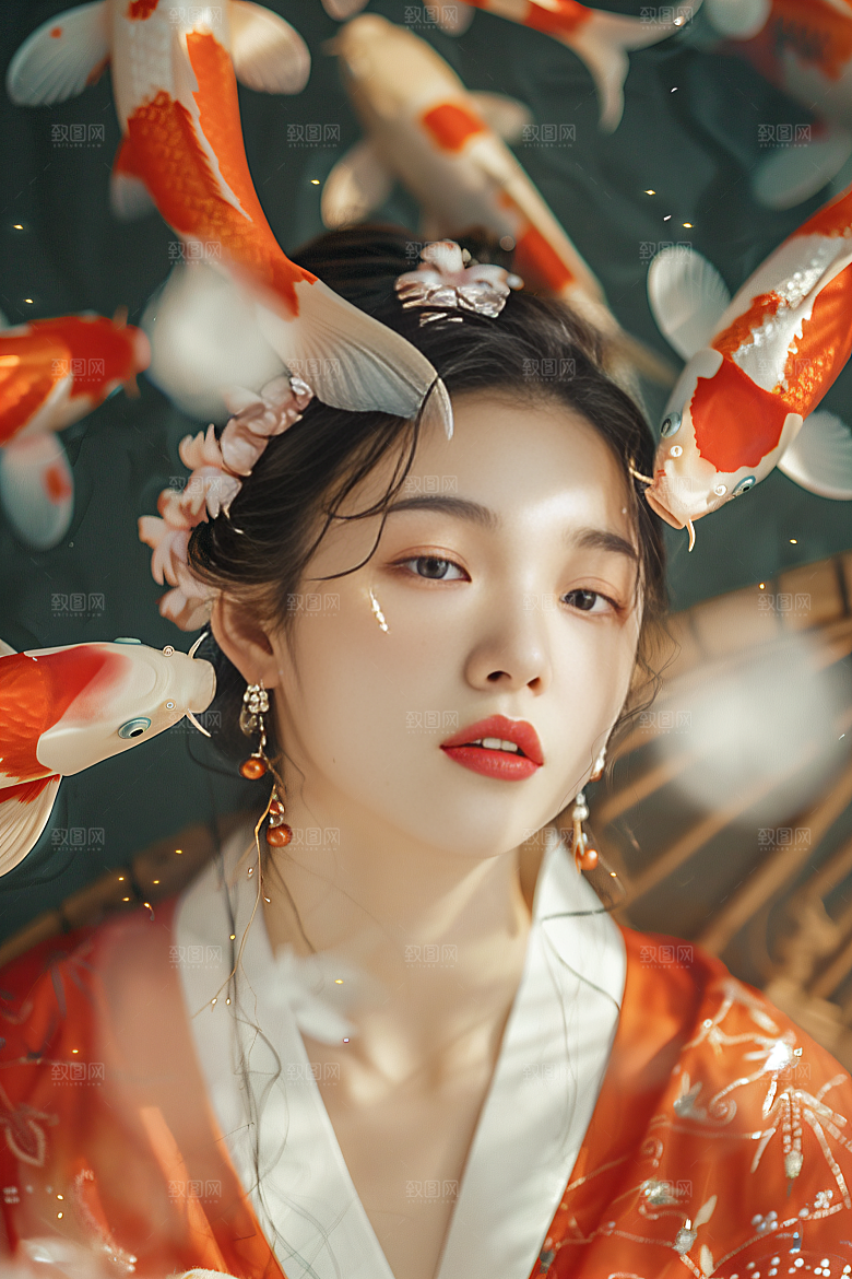 锦鲤汉服美女传统唯美素材