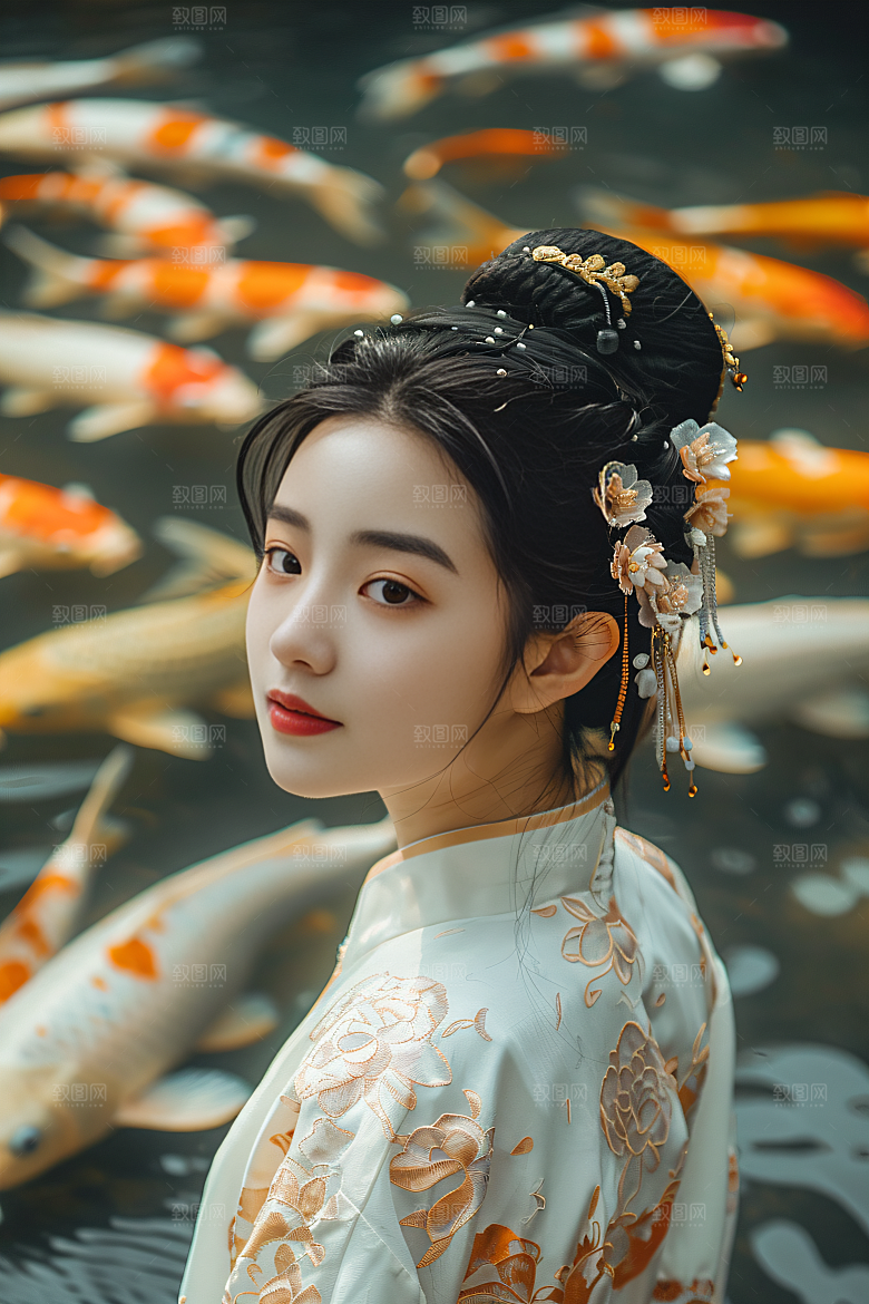 锦鲤汉服美女优雅古风素材