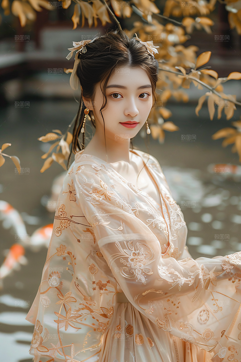 锦鲤汉服美女古风精致素材