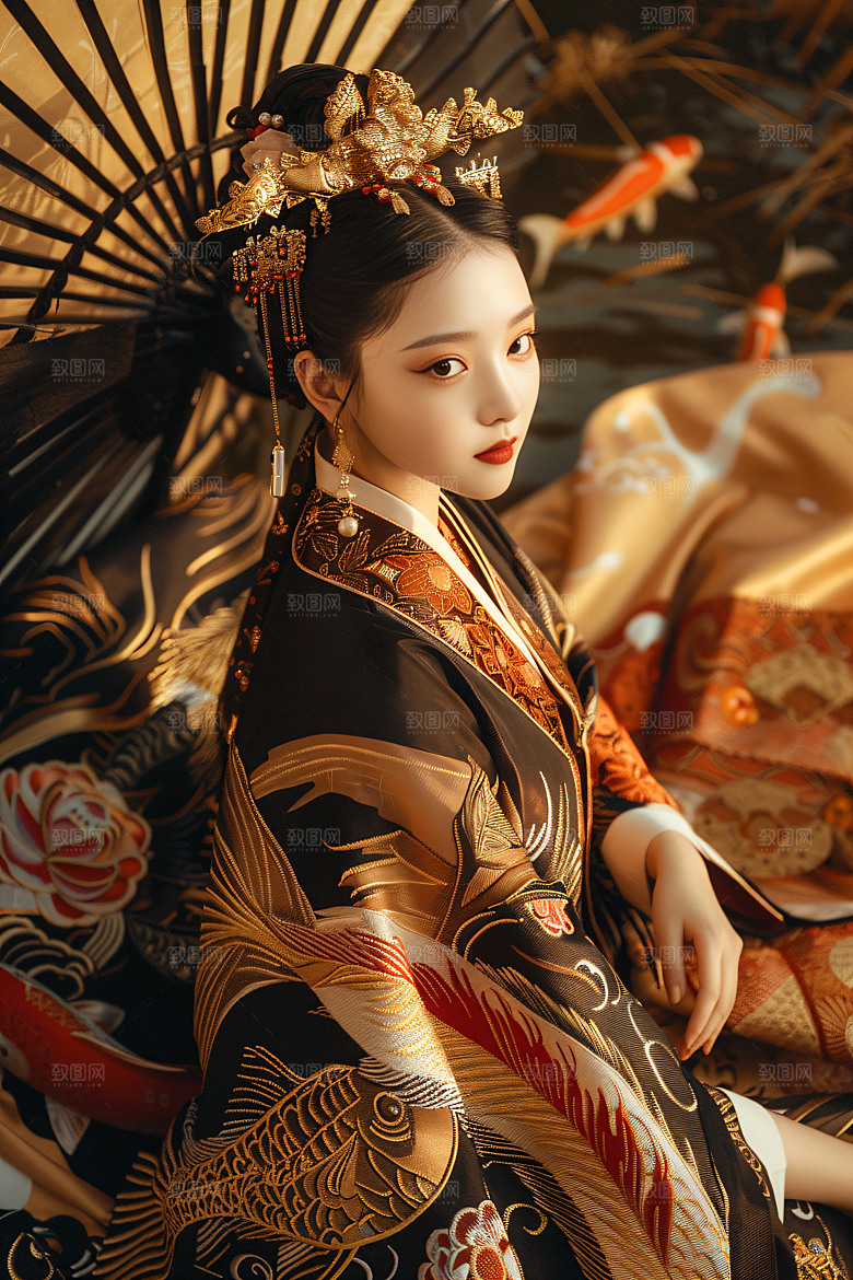 锦鲤汉服美女高清中国风素材