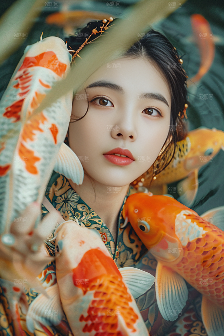 锦鲤汉服美女精致人像素材