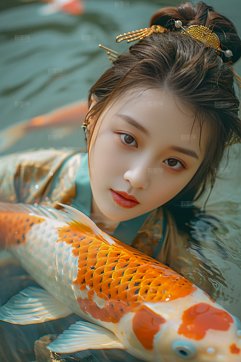 锦鲤汉服美女吉祥高清素材