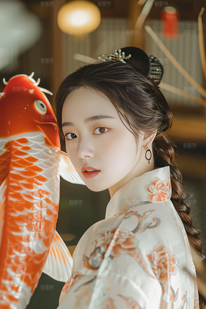 锦鲤汉服美女优雅精致素材