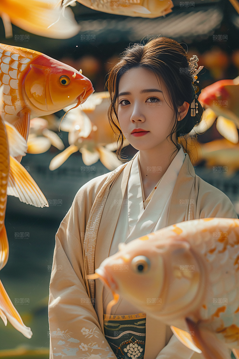 锦鲤汉服美女吉祥肖像素材