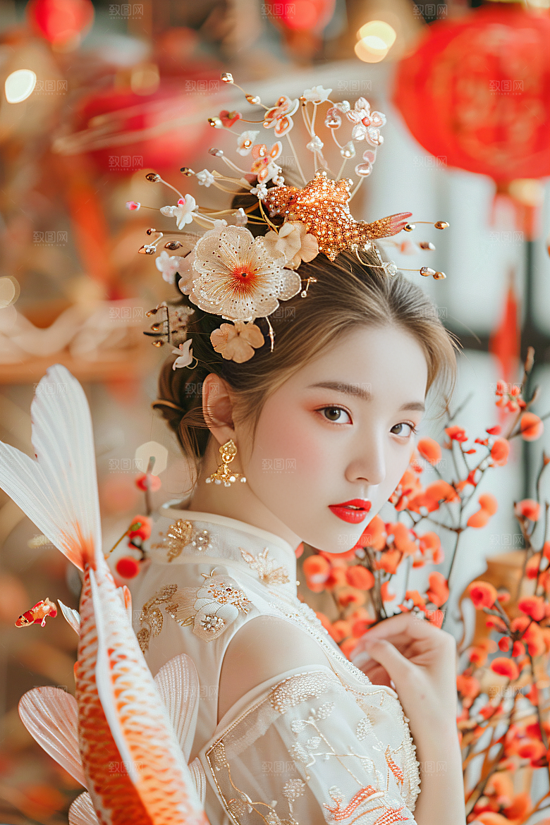 锦鲤汉服美女精致中国风素材