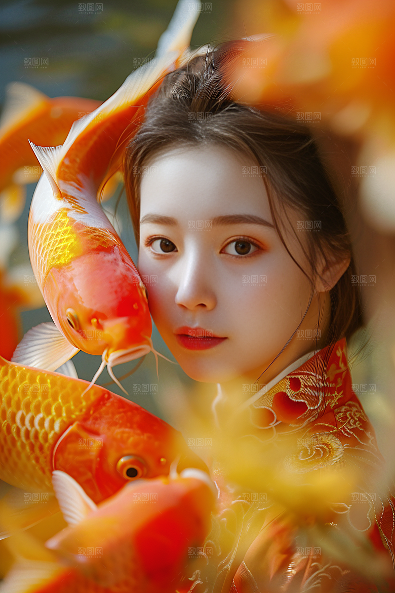 锦鲤汉服美女吉祥古风素材