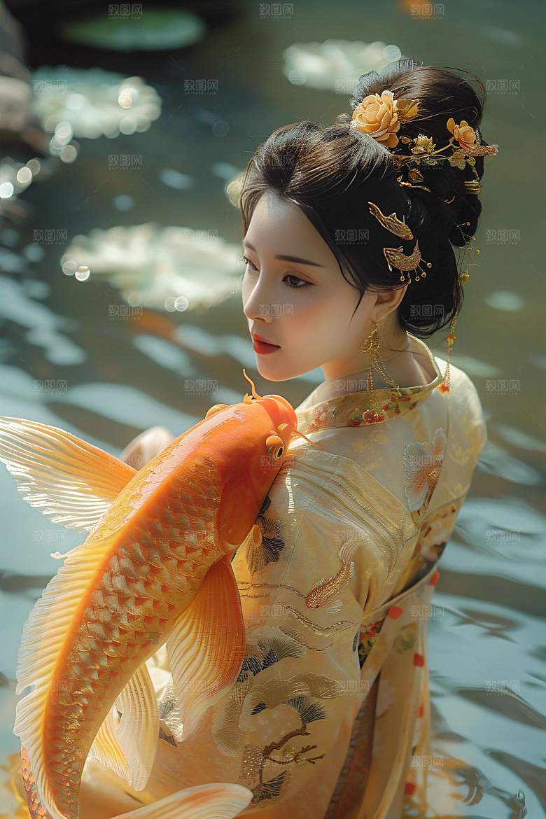 锦鲤汉服美女古风精致素材