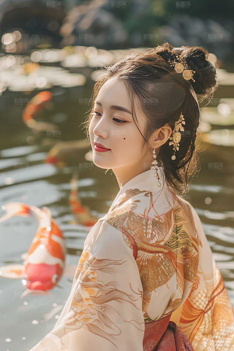 锦鲤汉服美女精致中国风素材