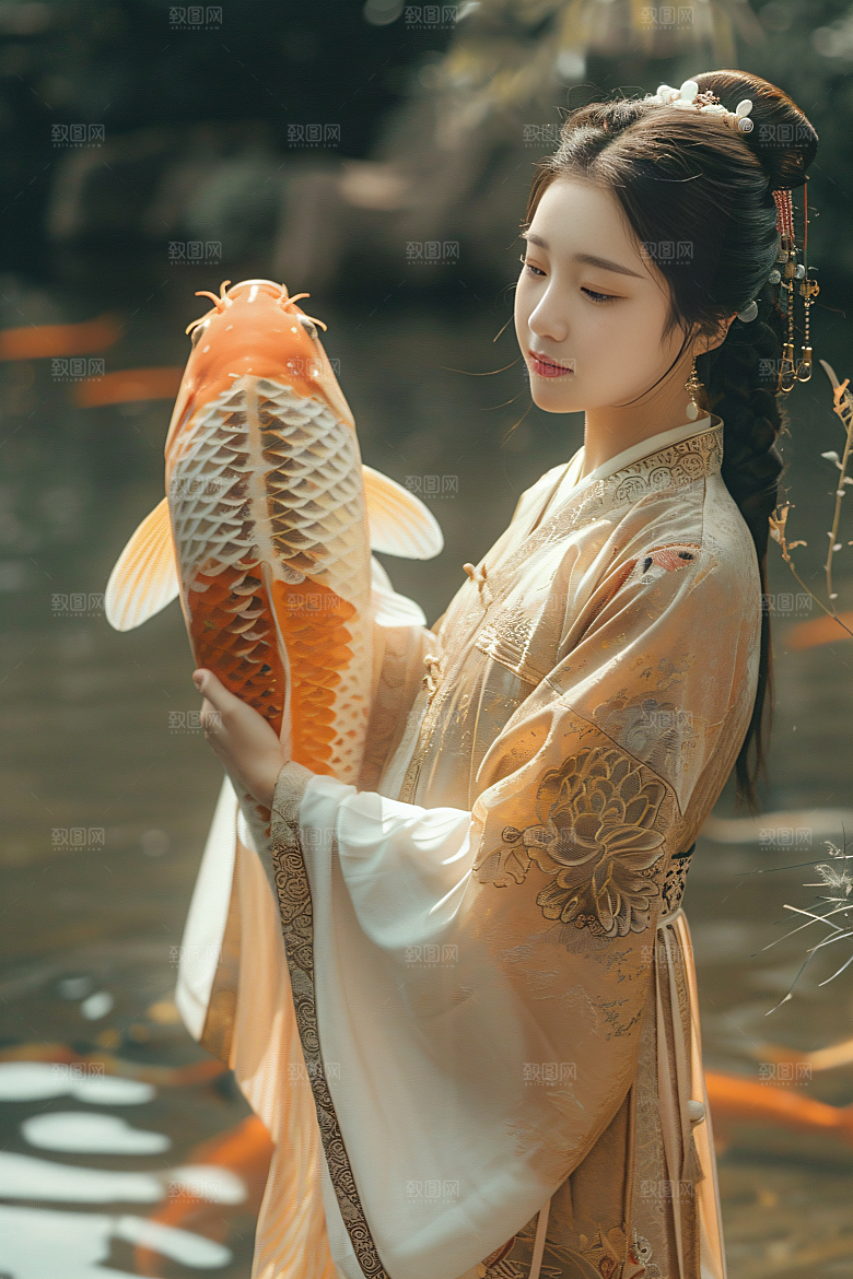 锦鲤汉服美女传统吉祥素材