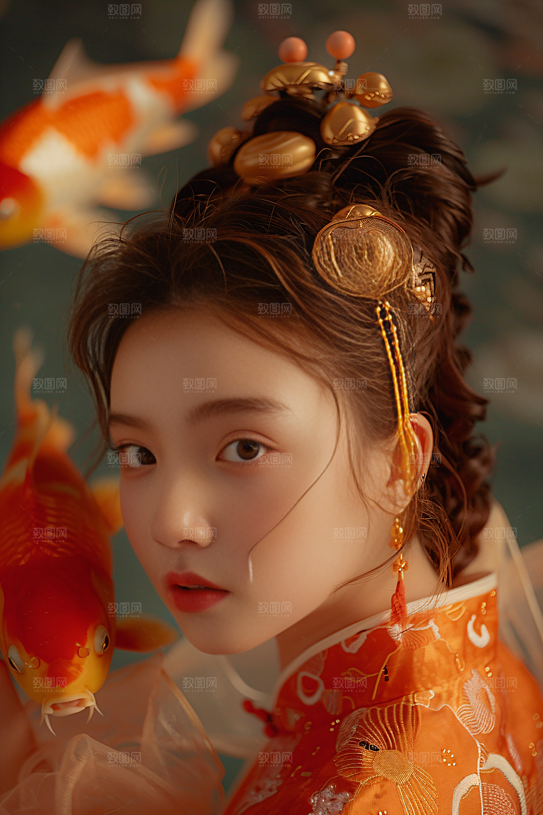 锦鲤汉服美女中国风唯美素材