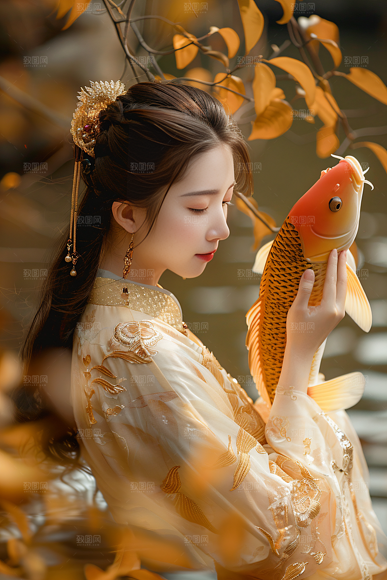 锦鲤汉服美女古风传统素材