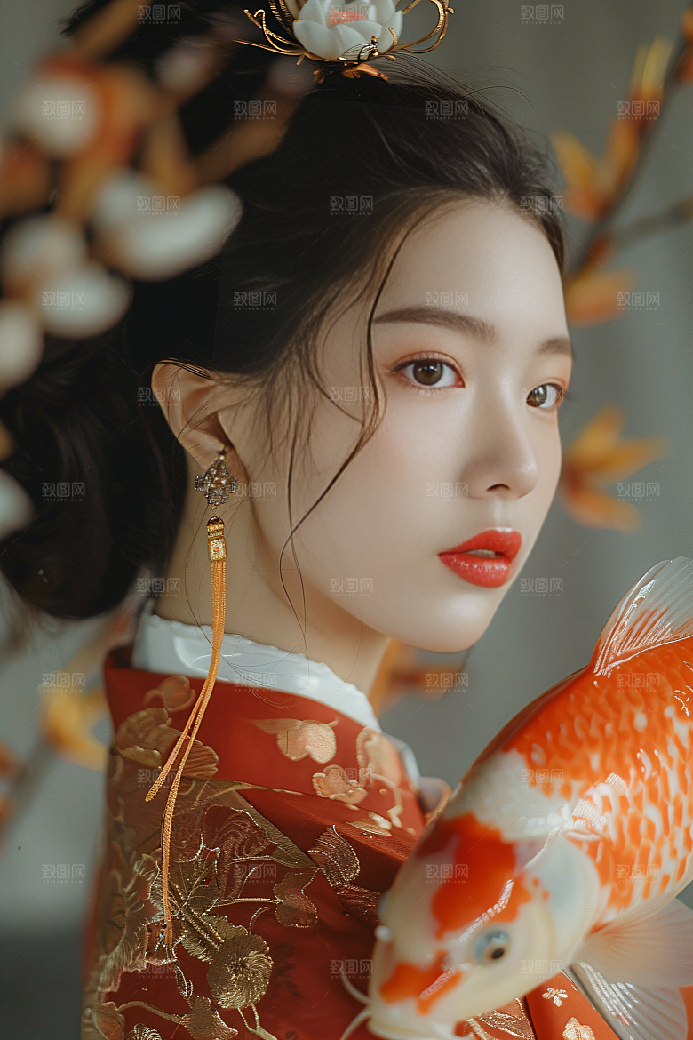 锦鲤汉服美女优雅吉祥素材