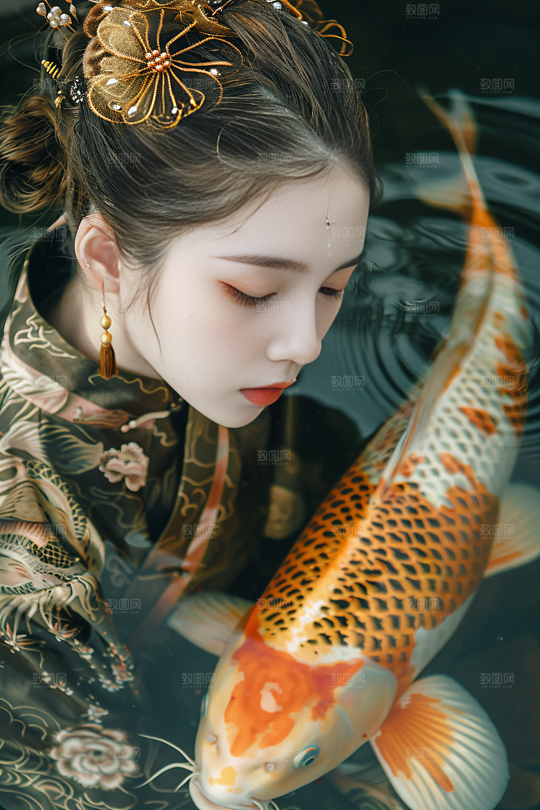 锦鲤汉服美女古风吉祥素材