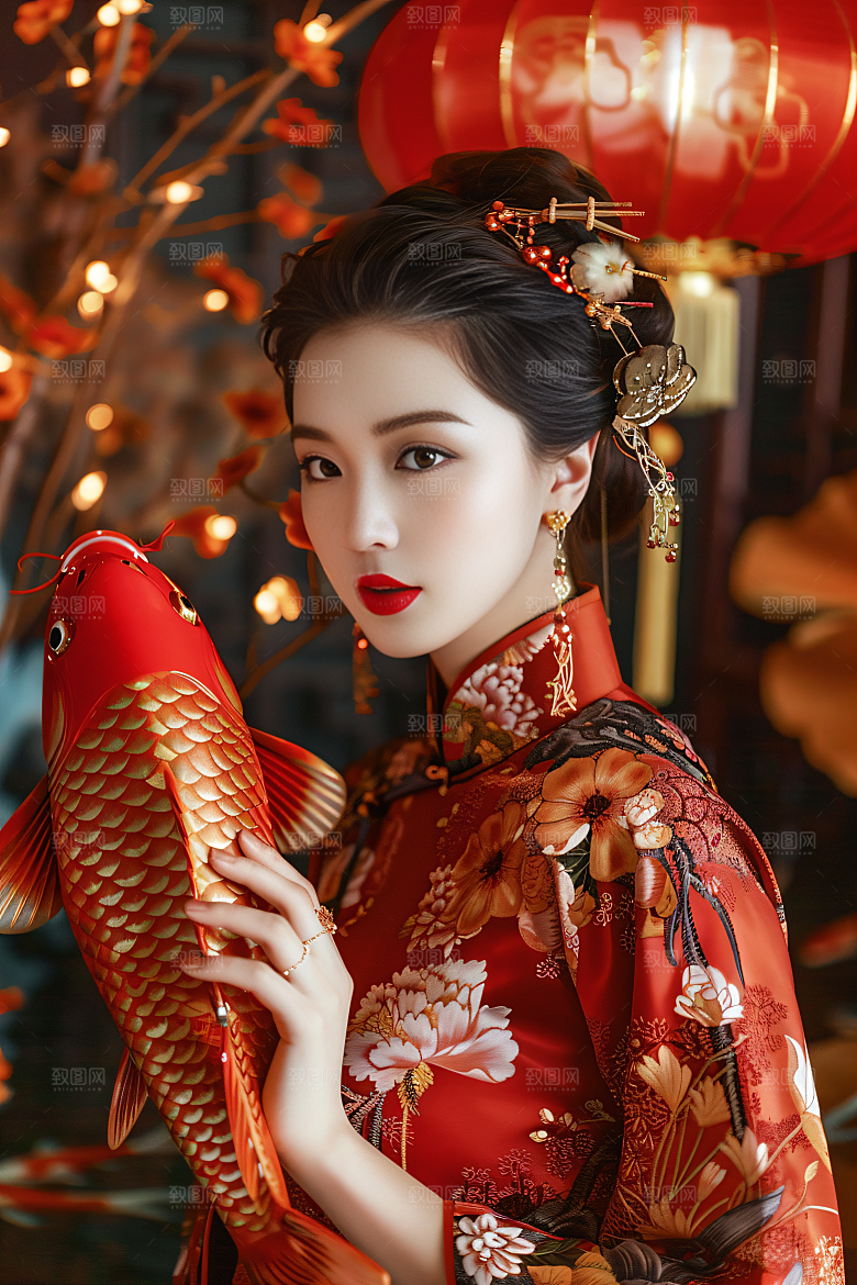 锦鲤汉服美女人像唯美素材